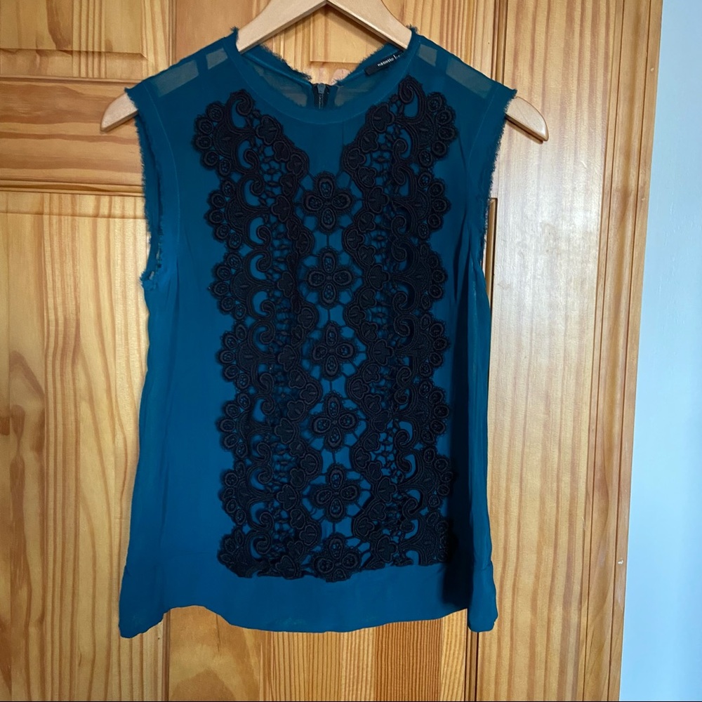 Nanette Lepore teal silk and lace sleeveless top